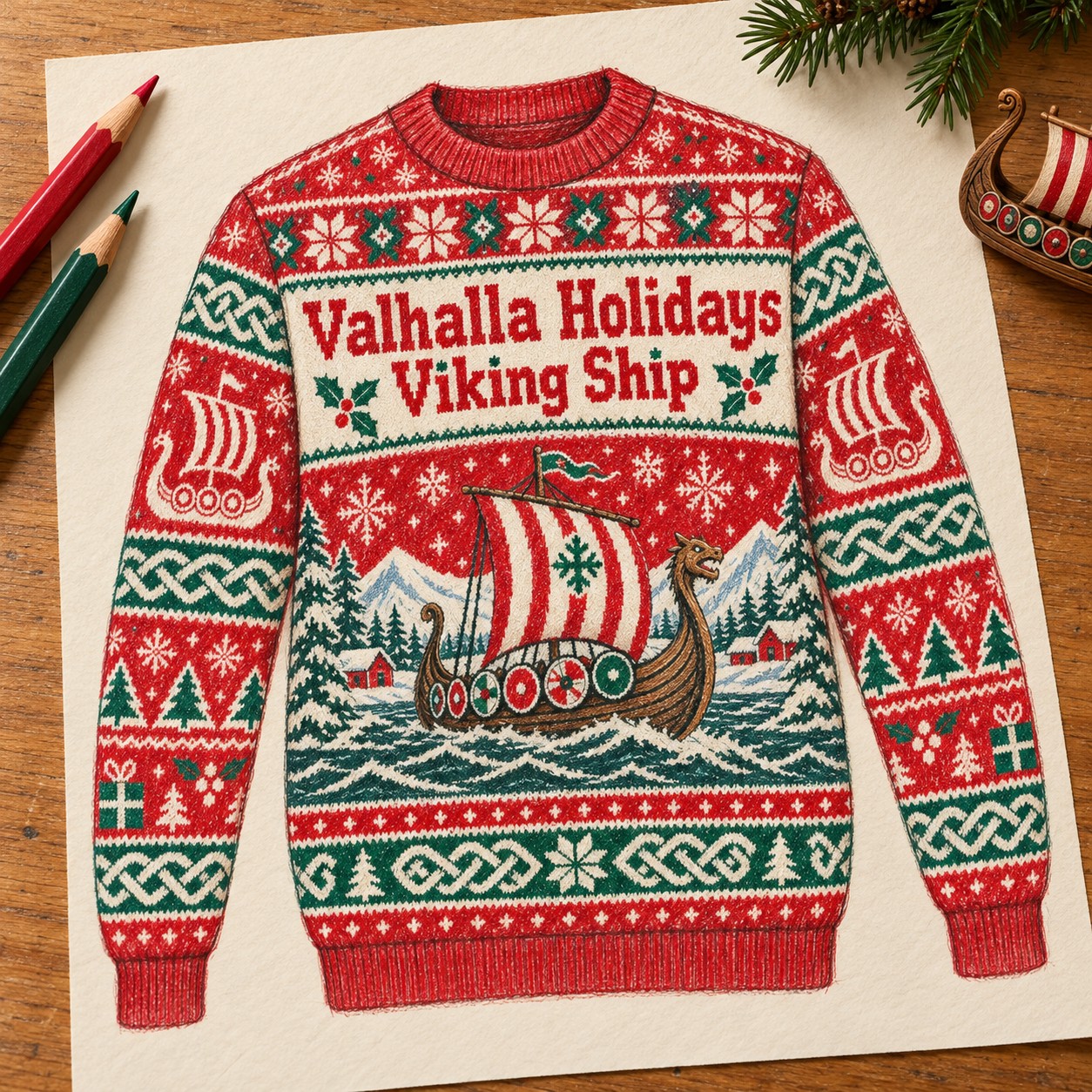 Illustrative colored-pencil concept of the red Valhalla Holidays Viking Ship sweatshirt.
