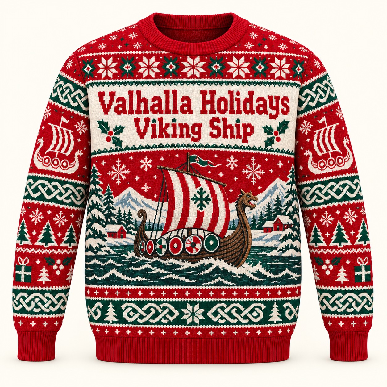 Illustrative front design mockup of the Valhalla Holidays Viking Ship sweatshirt.