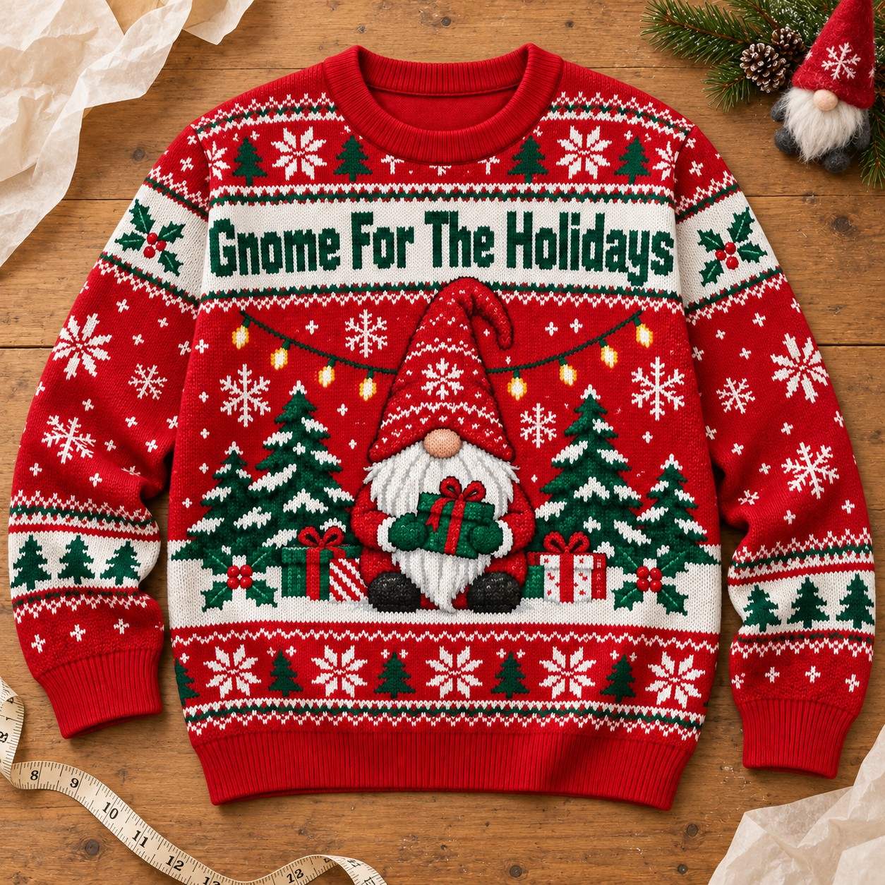 Illustrative finished Gnome For The Holidays sweatshirt on a craft worktable.