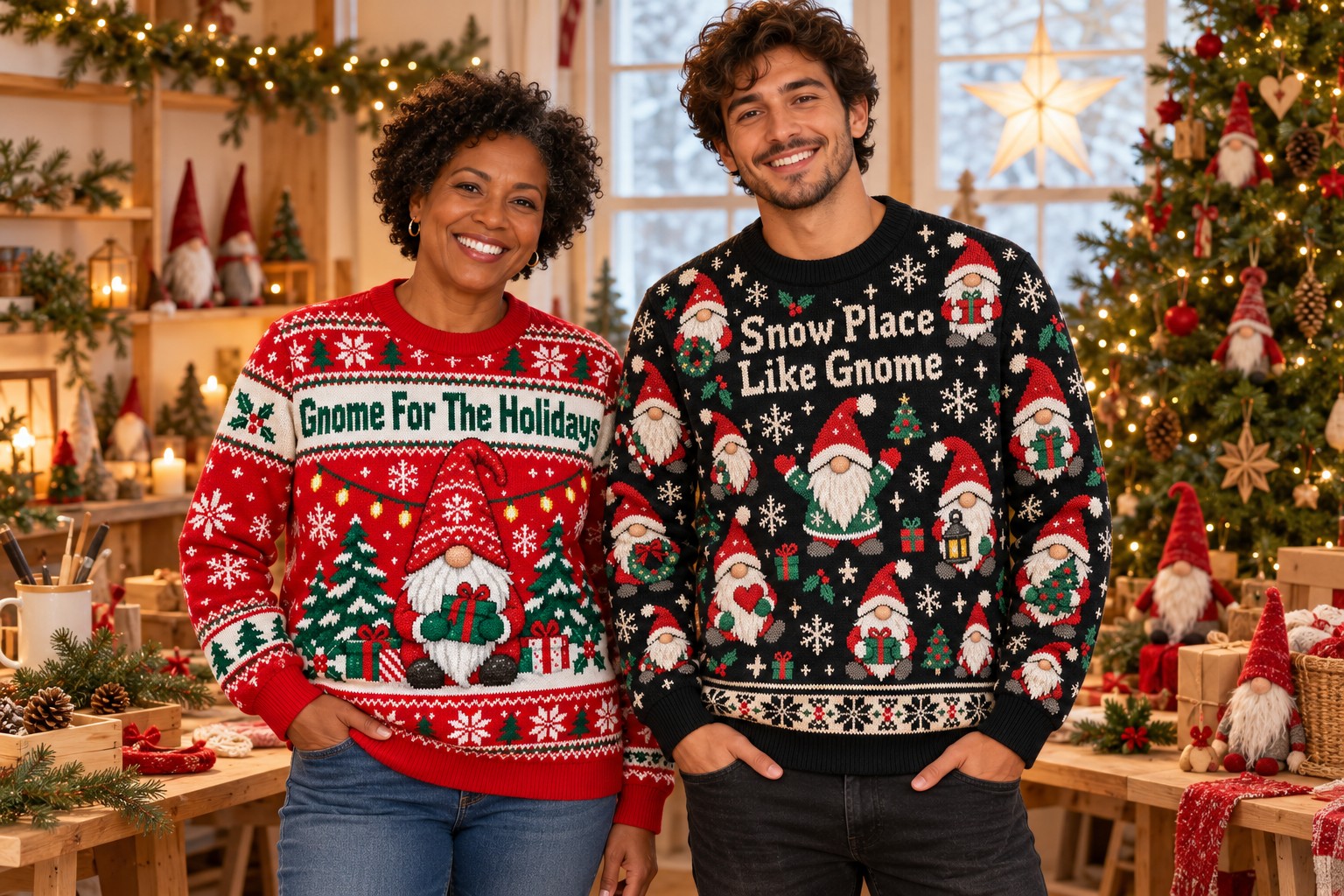Two adults wearing red and black gnome Christmas sweatshirts in a festive craft room.