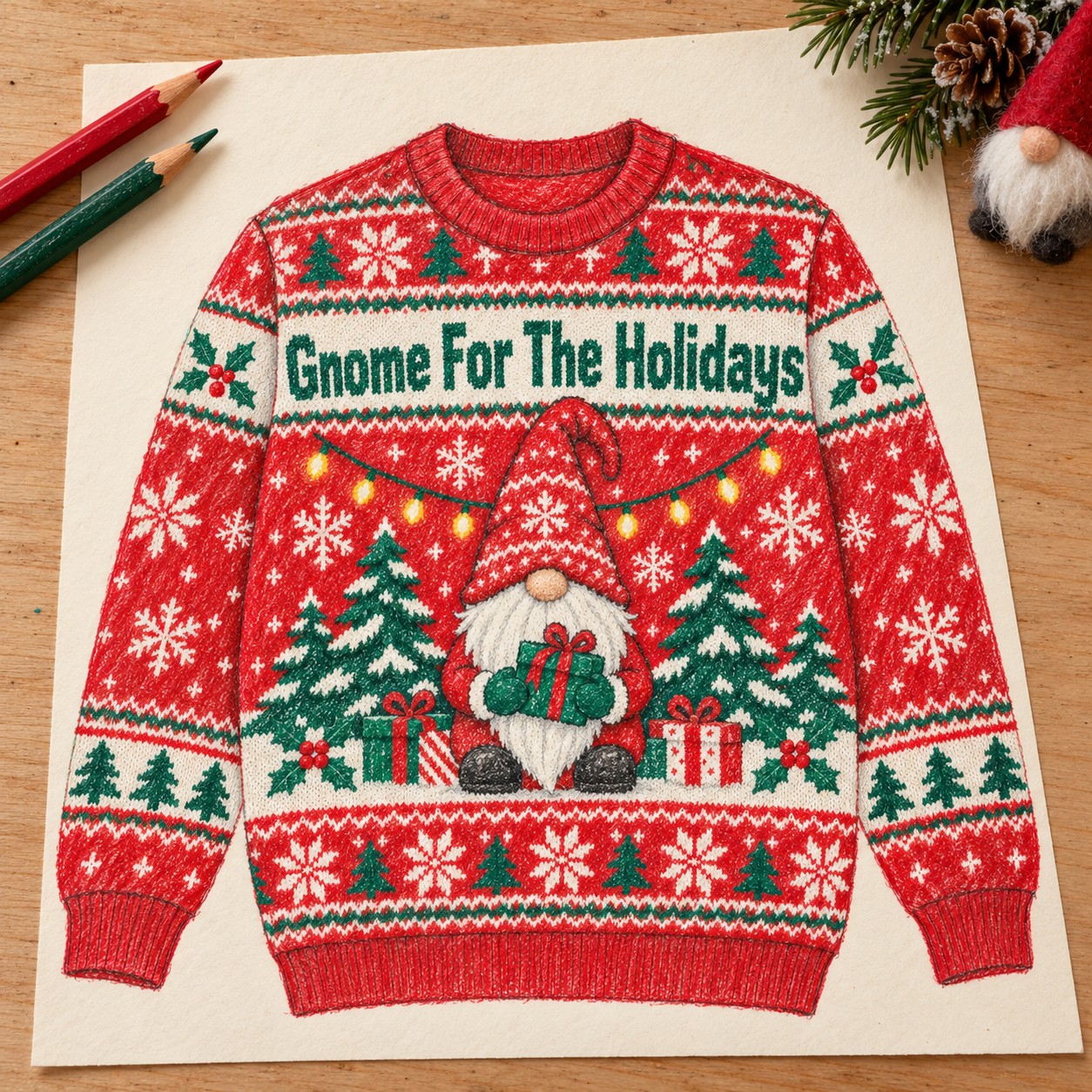 Illustrative colored-pencil concept for the Gnome For The Holidays sweatshirt.