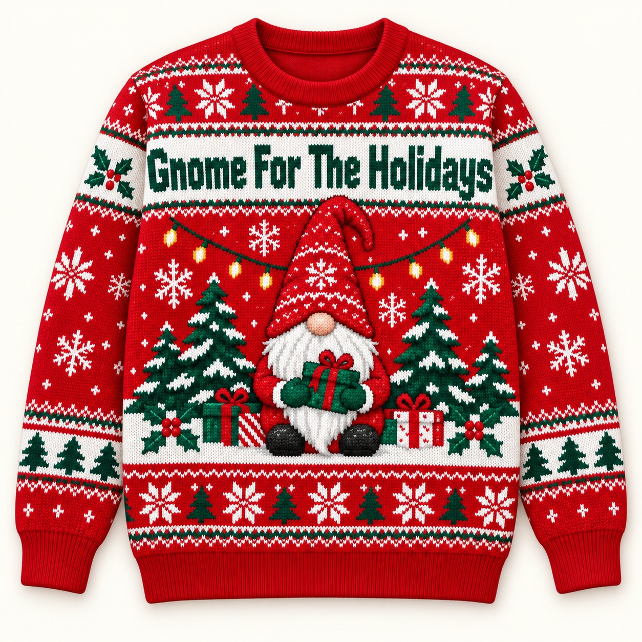 Illustrative front design mockup of the red Gnome For The Holidays sweatshirt.