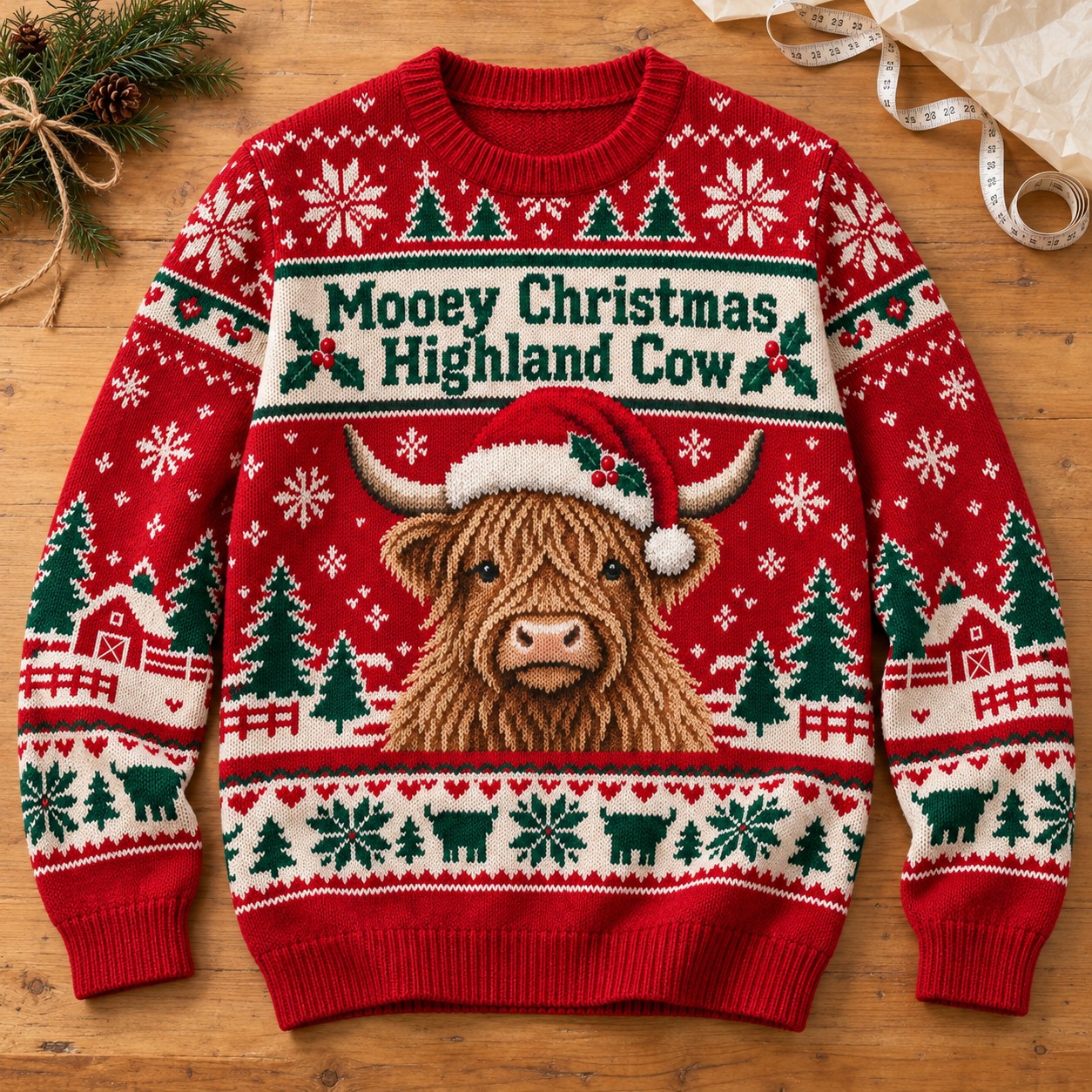 Illustrative finished Highland cow Christmas sweatshirt laid on a light worktable.