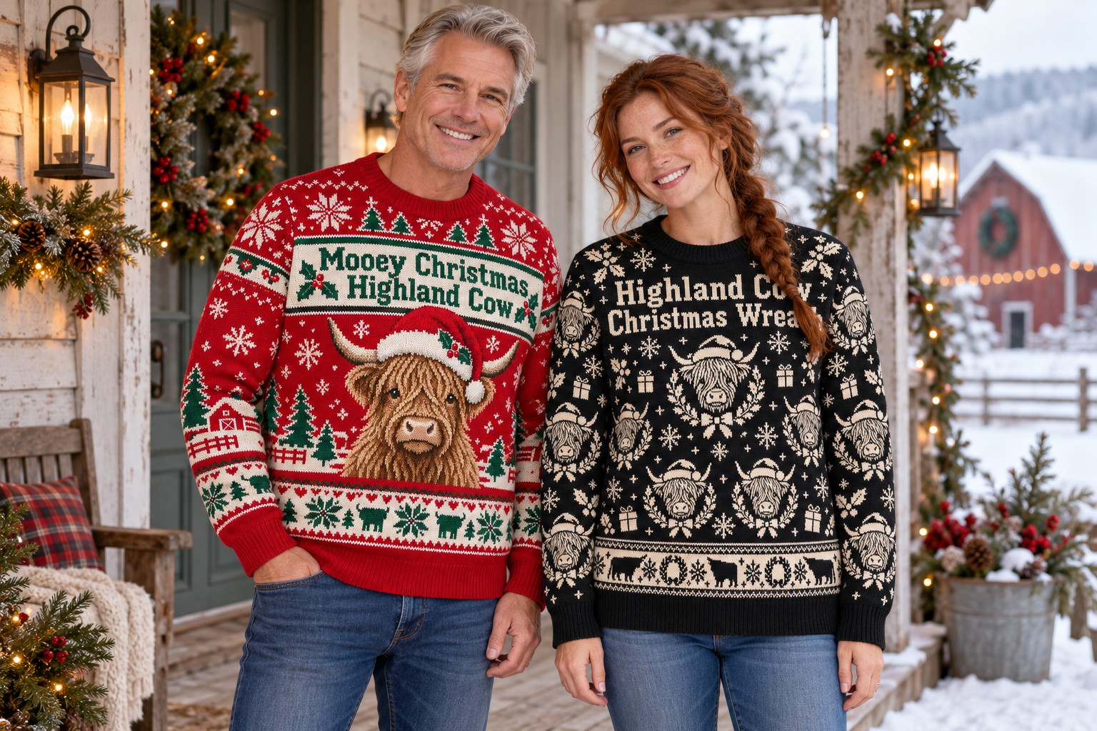 Two adults wearing Highland cow Christmas sweatshirts on a snowy farmhouse porch.