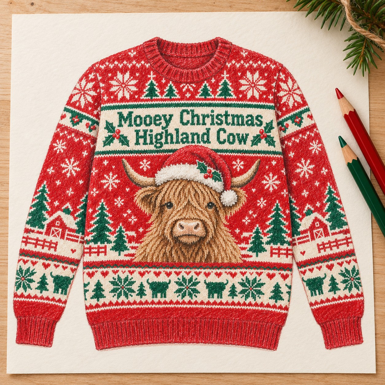 Illustrative colored-pencil concept of the red Mooey Christmas Highland Cow sweatshirt.