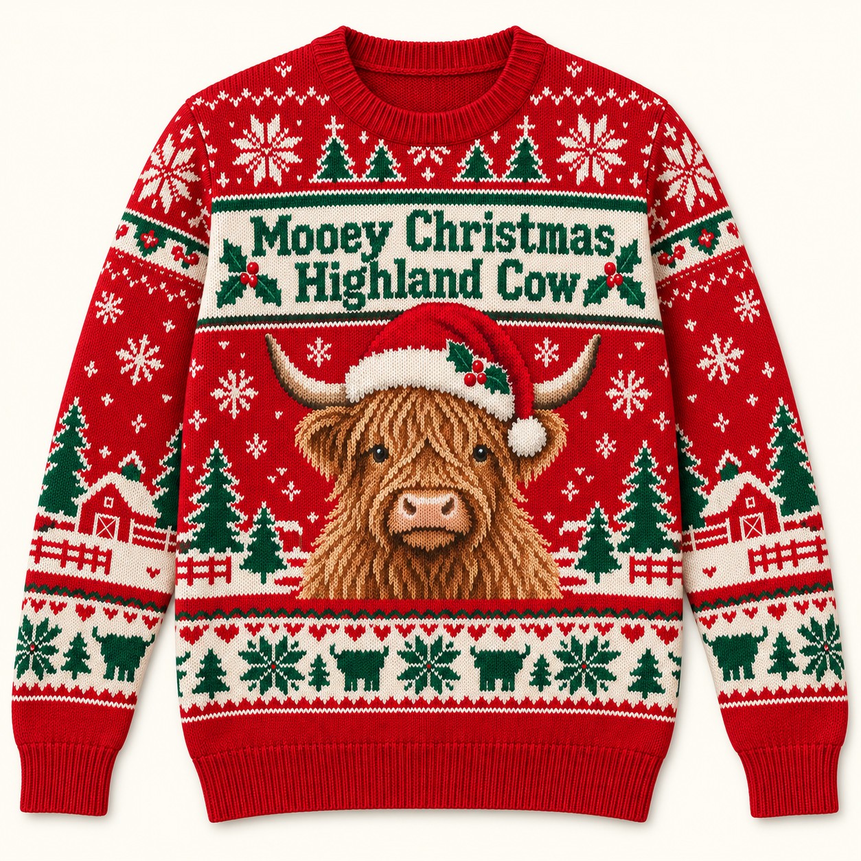 Illustrative front design mockup of the Mooey Christmas Highland Cow sweatshirt.