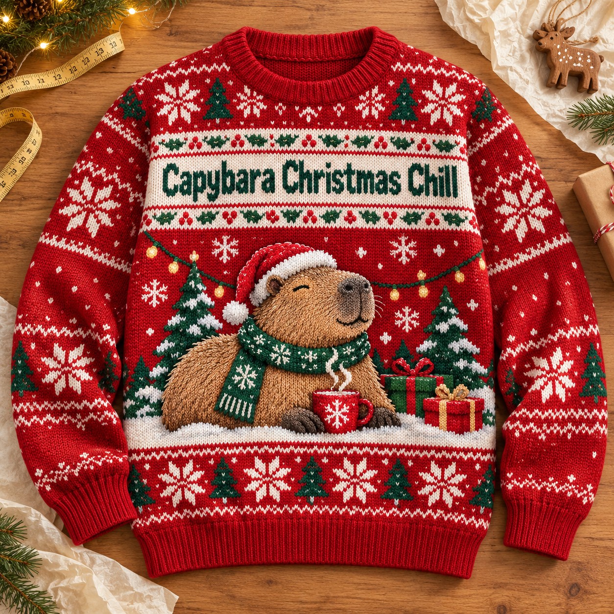 Illustrative finished red capybara Christmas sweatshirt on a worktable.
