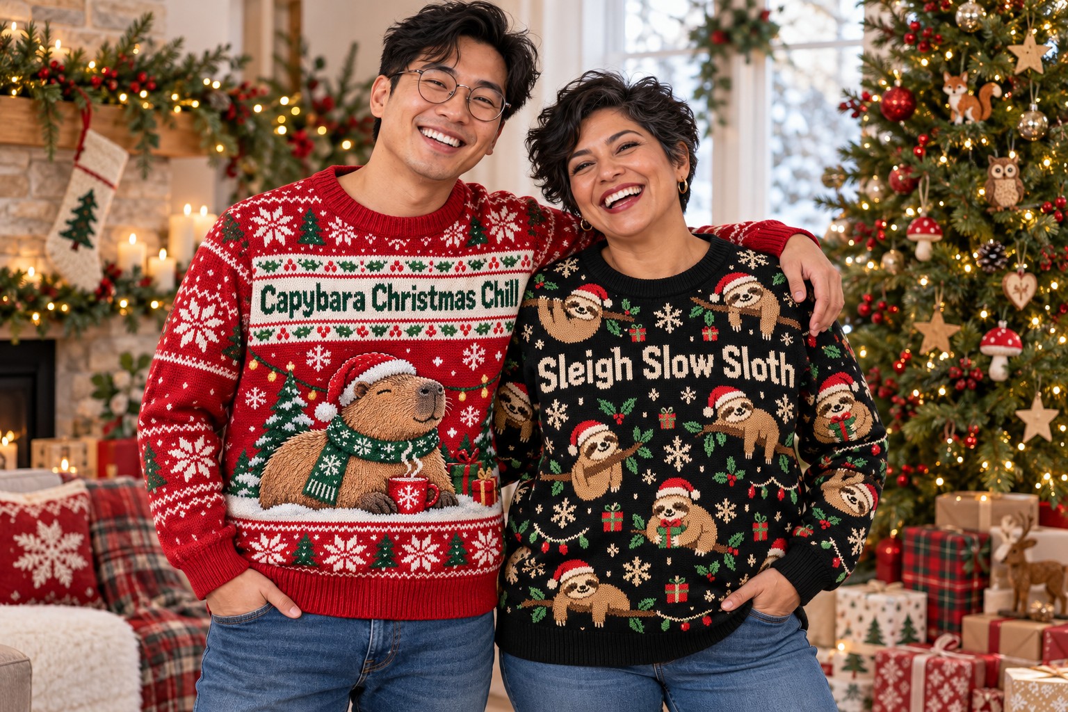 Two smiling adults wearing capybara and sloth Christmas sweatshirts in a festive living room.