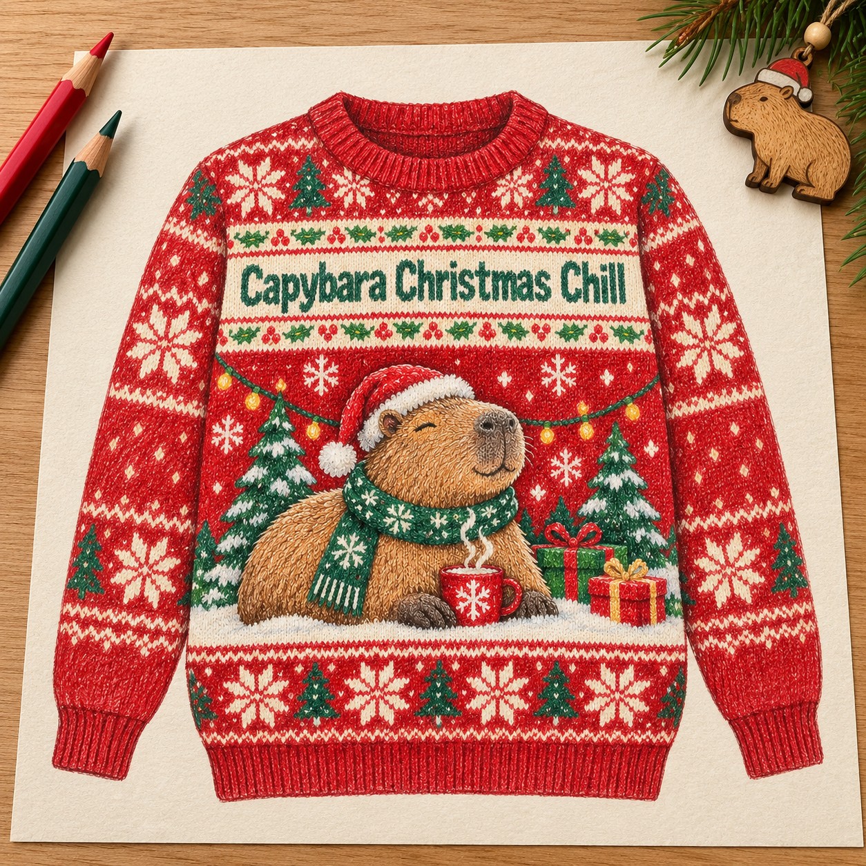 Illustrative colored-pencil concept of the Capybara Christmas Chill sweatshirt.