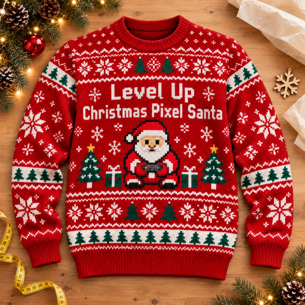 Illustrative finished pixel Santa Christmas sweatshirt on a worktable.