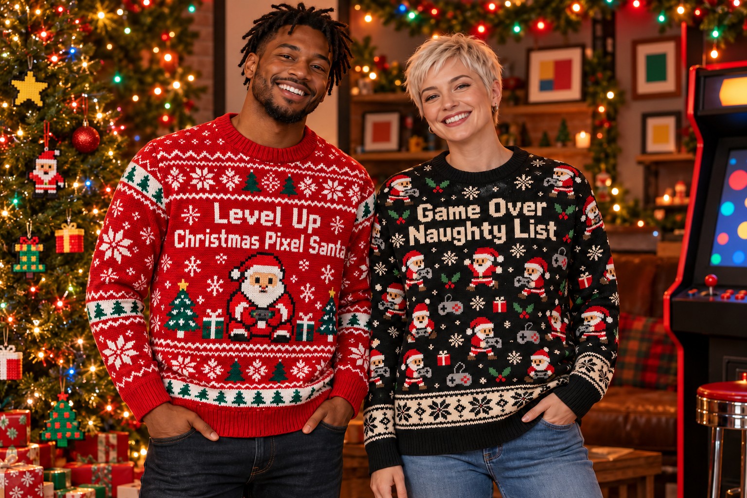 Two adults wearing pixel Santa Christmas sweatshirts in a festive retro gaming lounge.