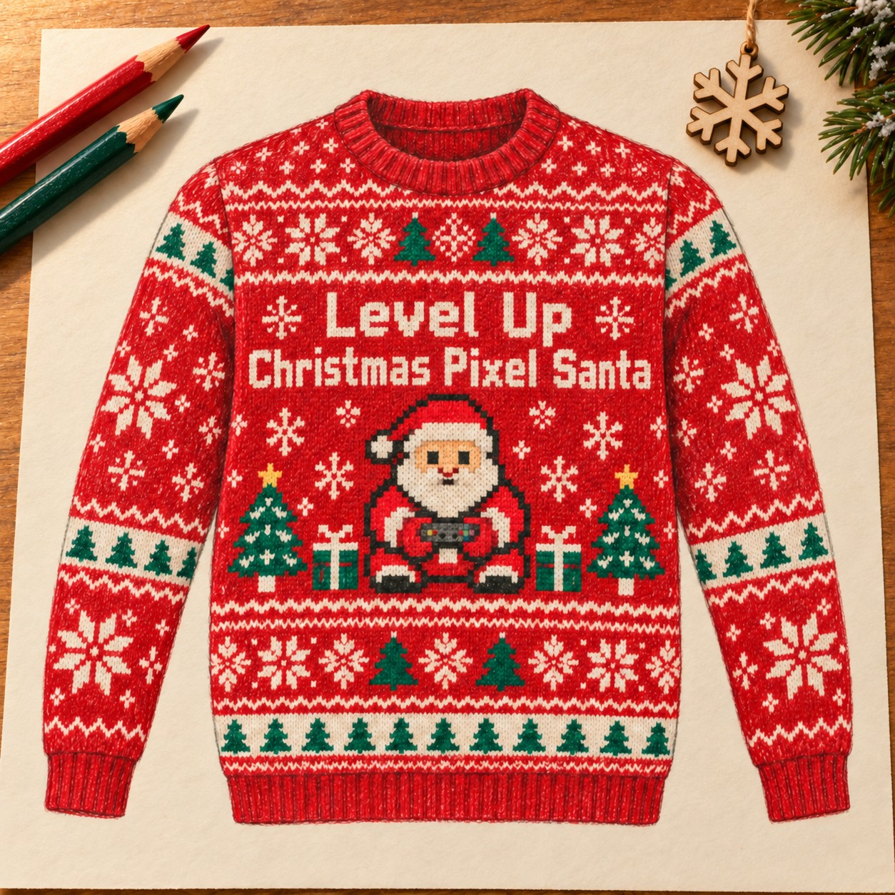 Illustrative colored-pencil concept of the Level Up Christmas Pixel Santa sweatshirt.