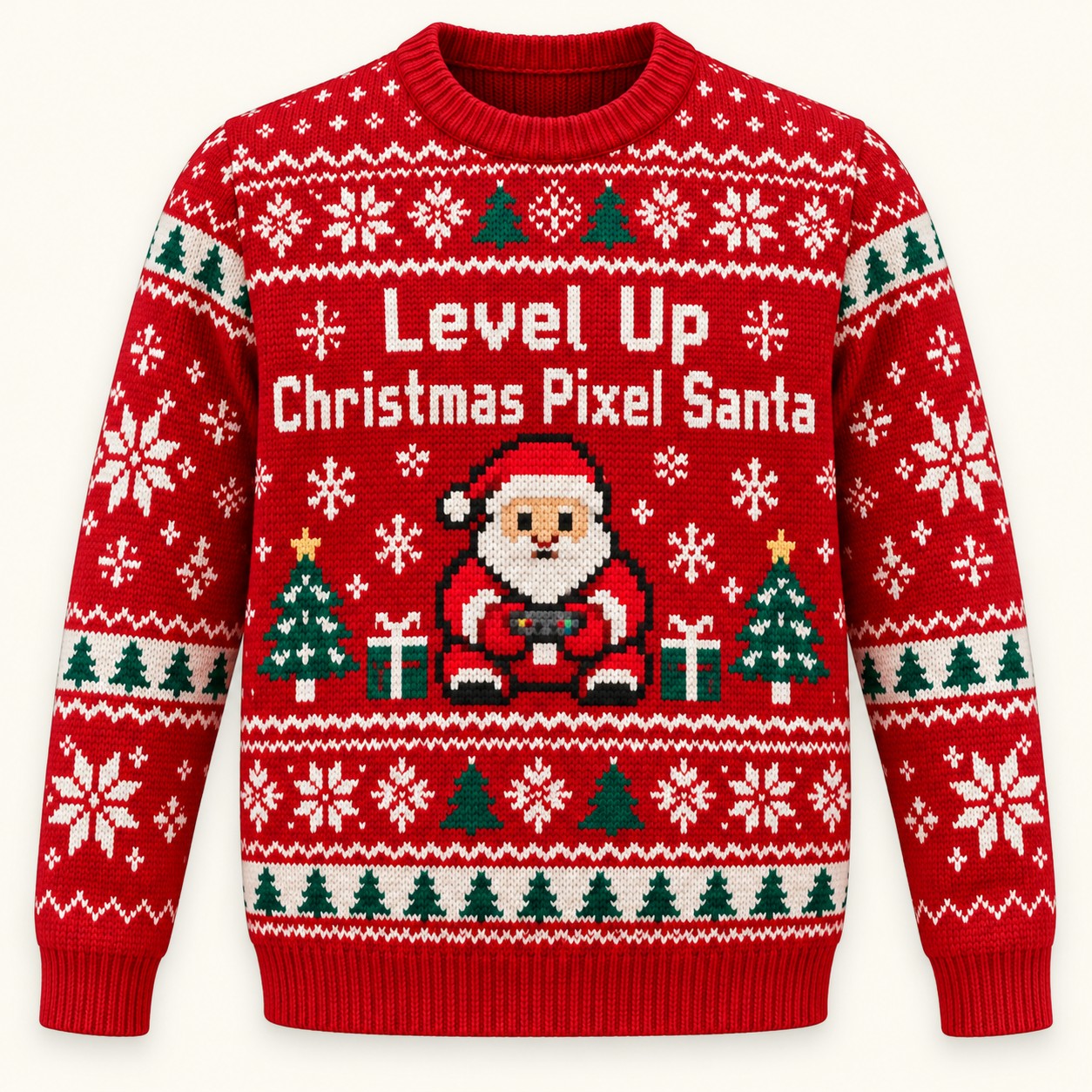 Illustrative front design mockup of the red Level Up Christmas Pixel Santa sweatshirt.