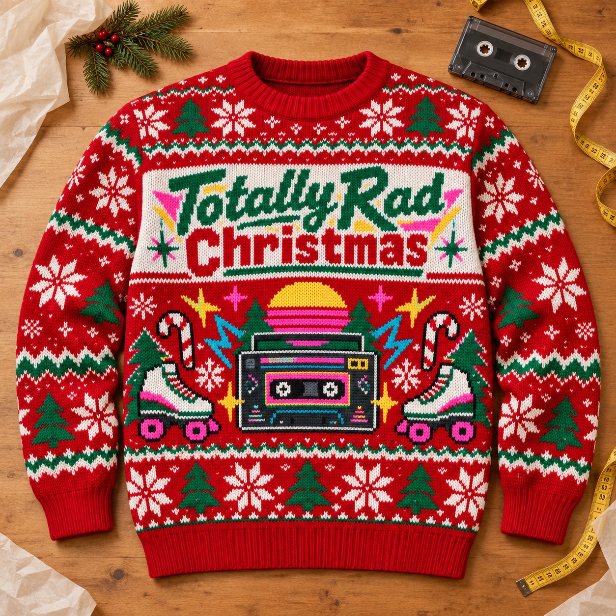Illustrative finished Totally Rad Christmas sweatshirt laid on a worktable.