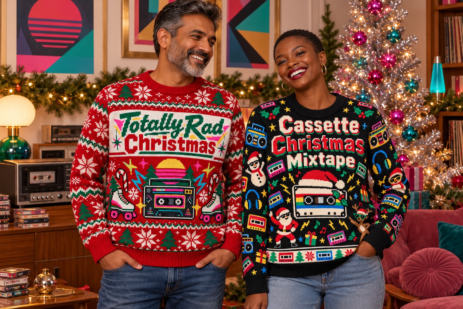 Two adults wearing retro cassette Christmas sweatshirts in a colorful holiday music lounge.