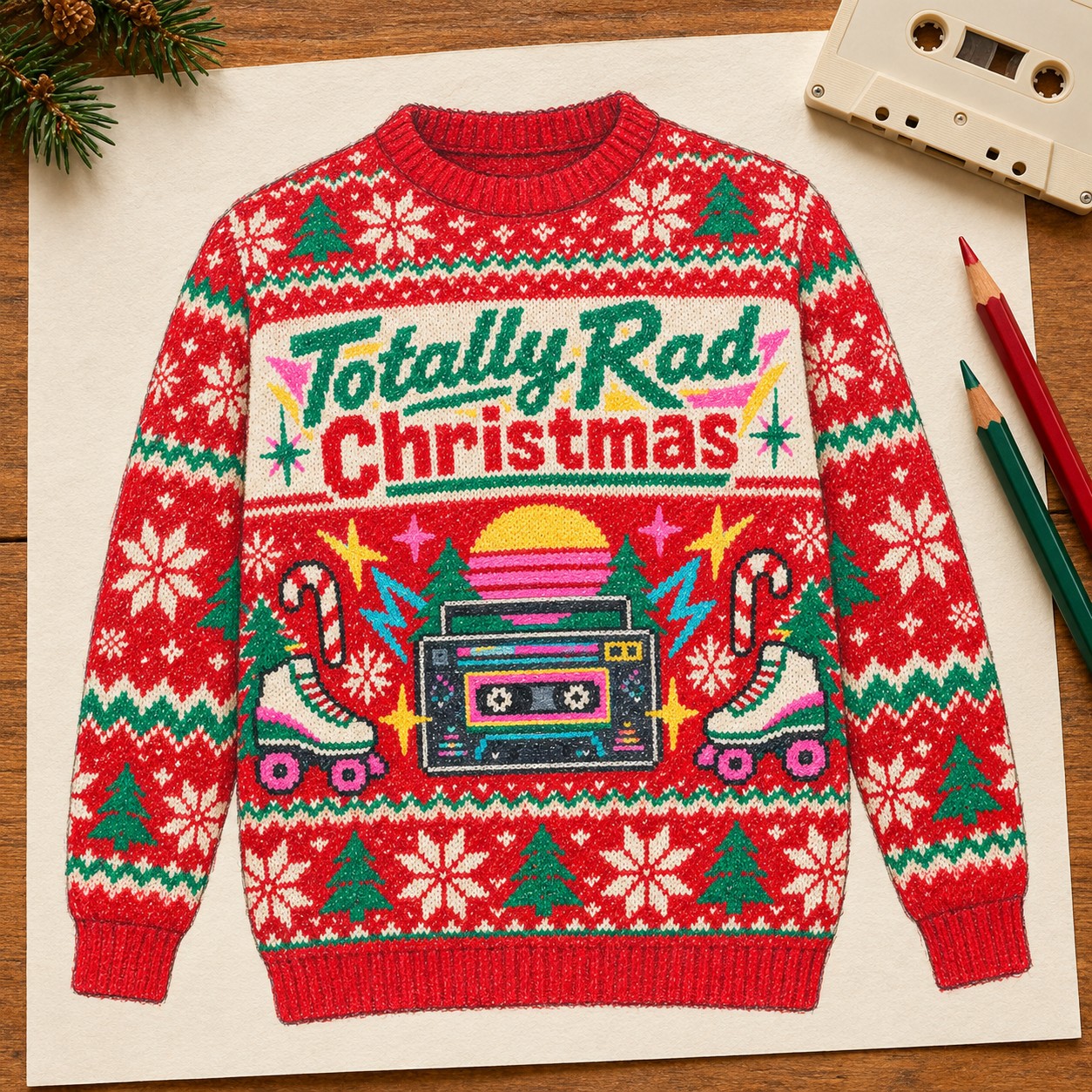 Illustrative colored-pencil concept of the Totally Rad Christmas sweatshirt.