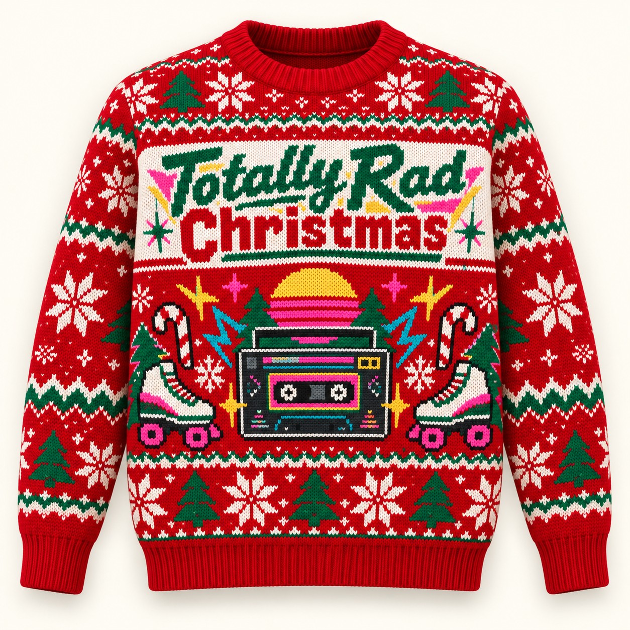 Illustrative front design mockup of the Totally Rad Christmas sweatshirt.