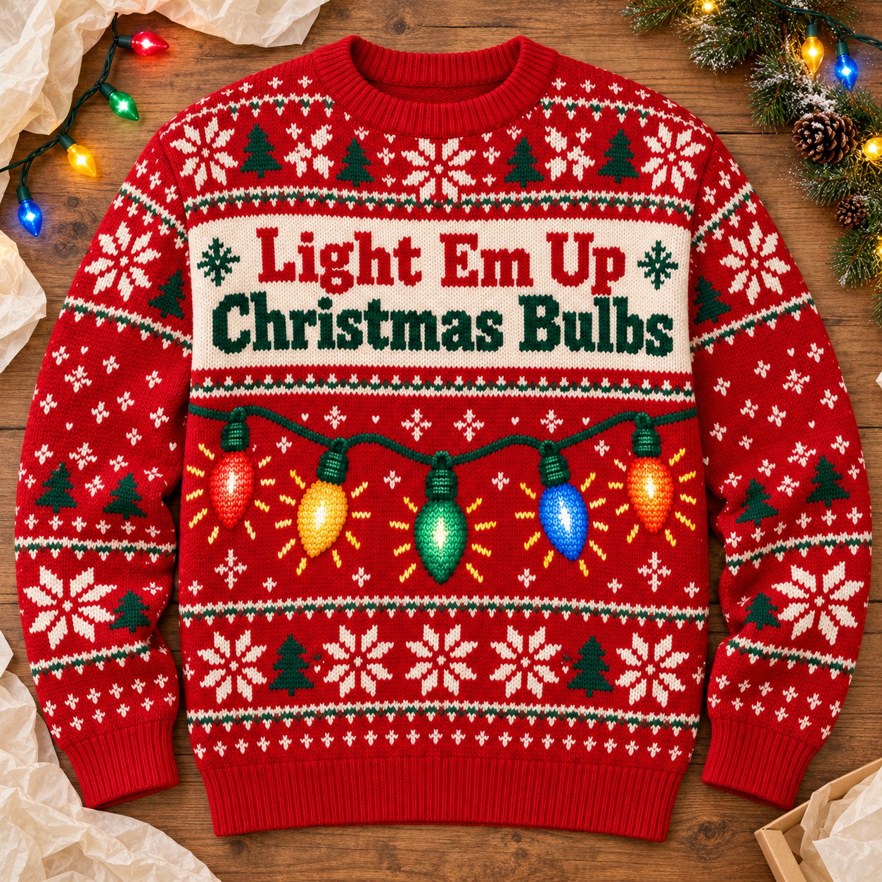 Illustrative finished red Christmas bulb-pattern sweatshirt on a light worktable.