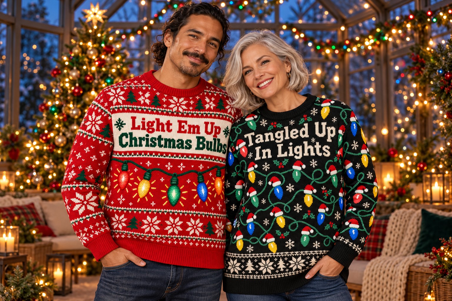 Two adults wearing colorful bulb-pattern Christmas sweatshirts in a conservatory filled with festive lights.