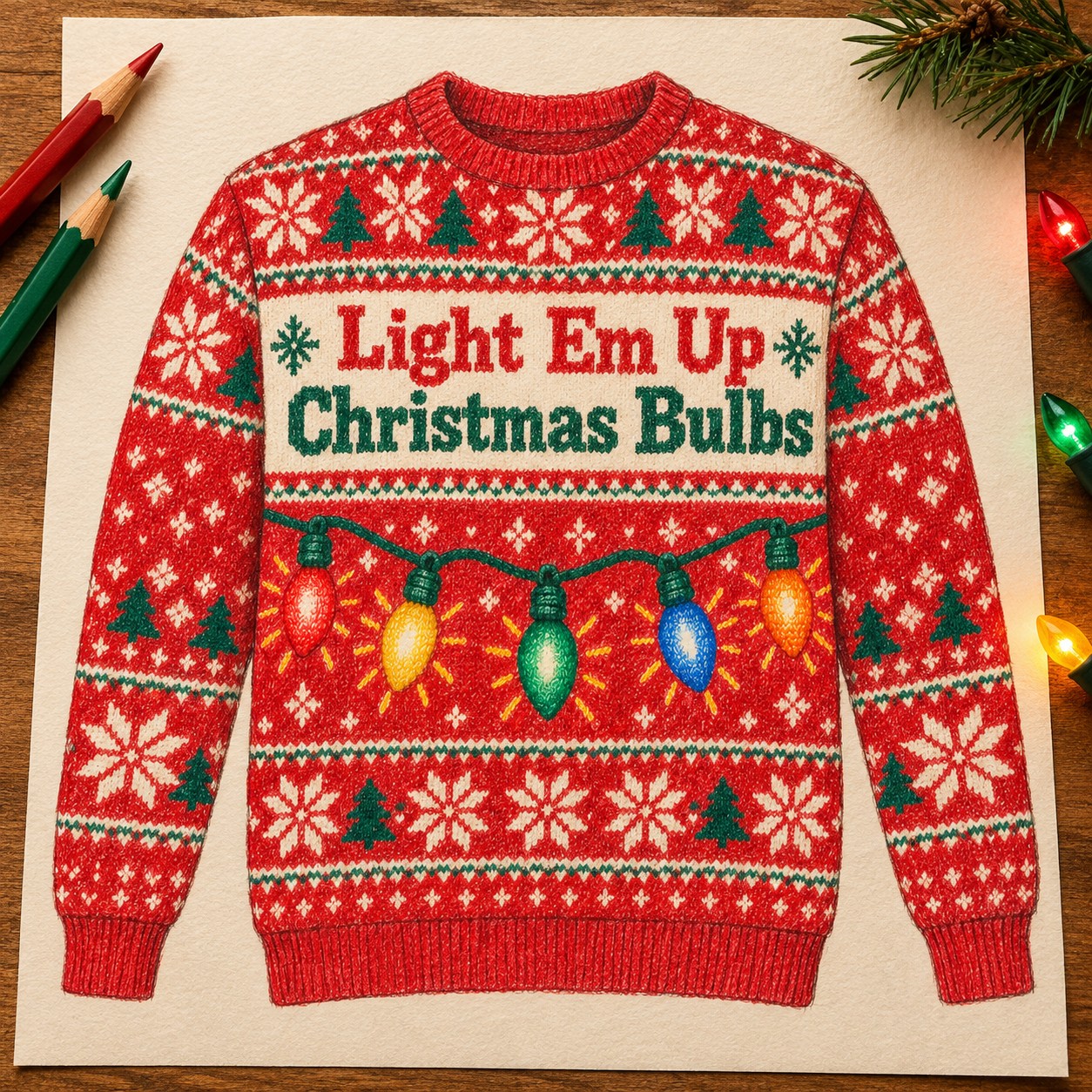 Illustrative colored-pencil concept of the Light Em Up Christmas Bulbs sweatshirt.