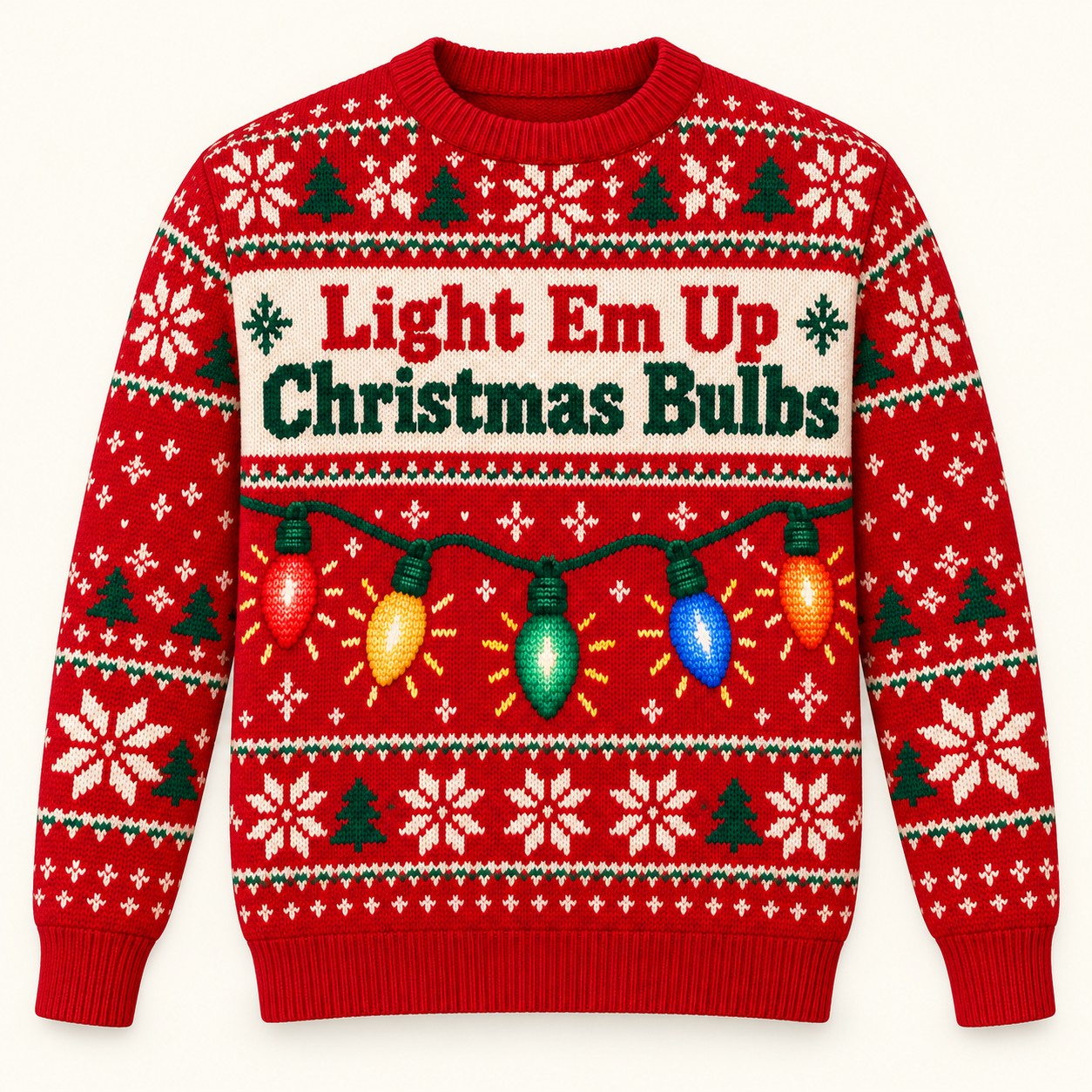 Illustrative front design mockup of the Light Em Up Christmas Bulbs sweatshirt.
