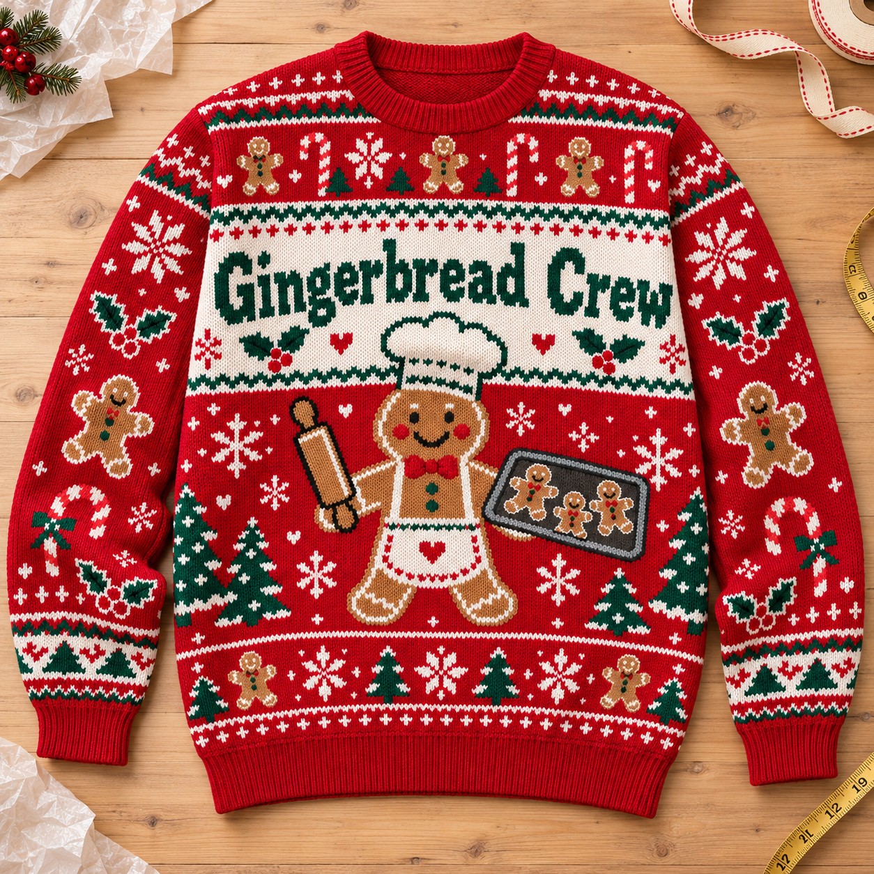 Illustrative finished Gingerbread Crew Christmas sweatshirt on a festive worktable.