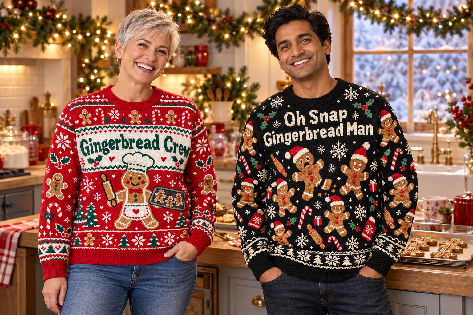 Two different adult models wear gingerbread Christmas sweatshirts in a festive baking kitchen.