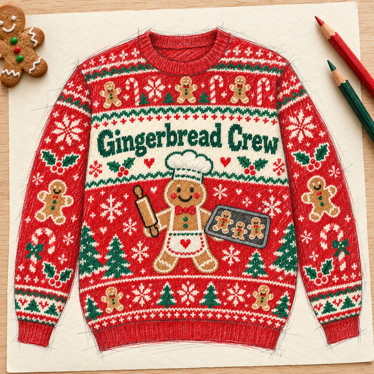 Illustrative colored-pencil concept sketch of the red Gingerbread Crew Christmas sweatshirt.