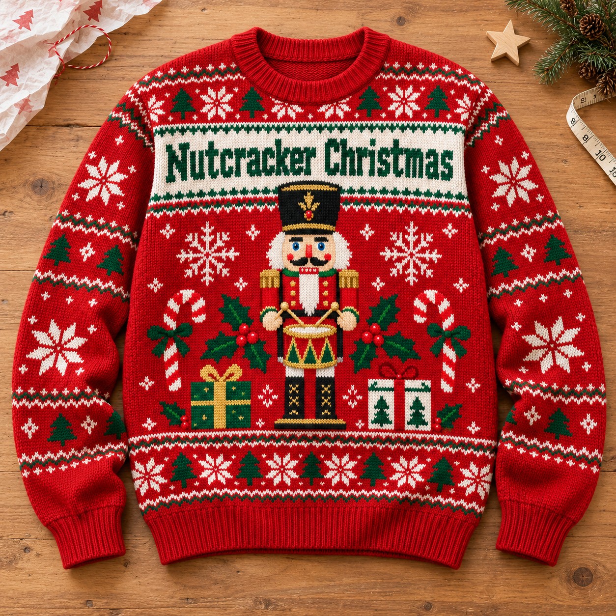 Illustrative finished Nutcracker Christmas sweatshirt laid on a festive worktable