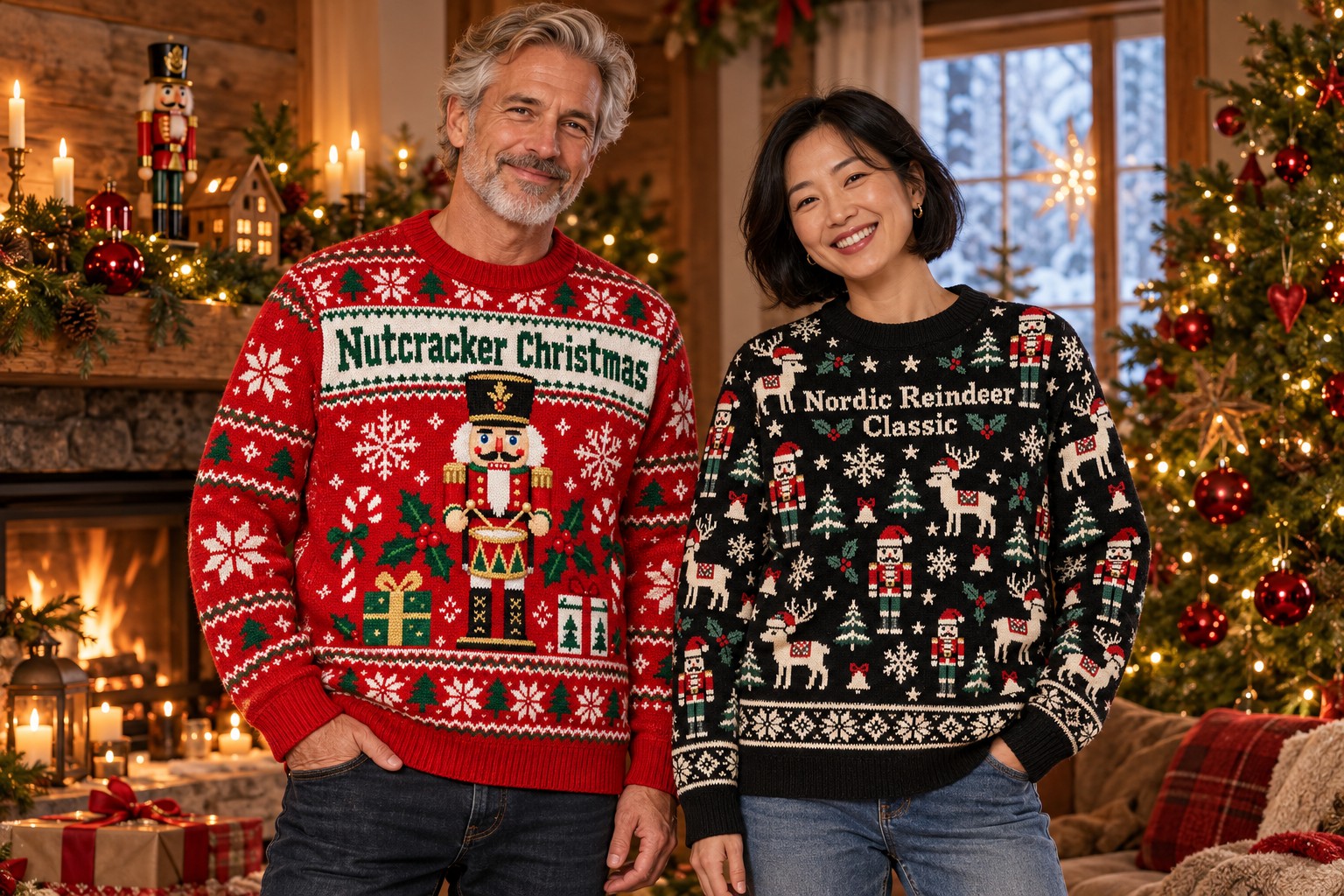 Two adult models in nutcracker and Nordic reindeer Christmas sweatshirts in a festive Scandinavian room