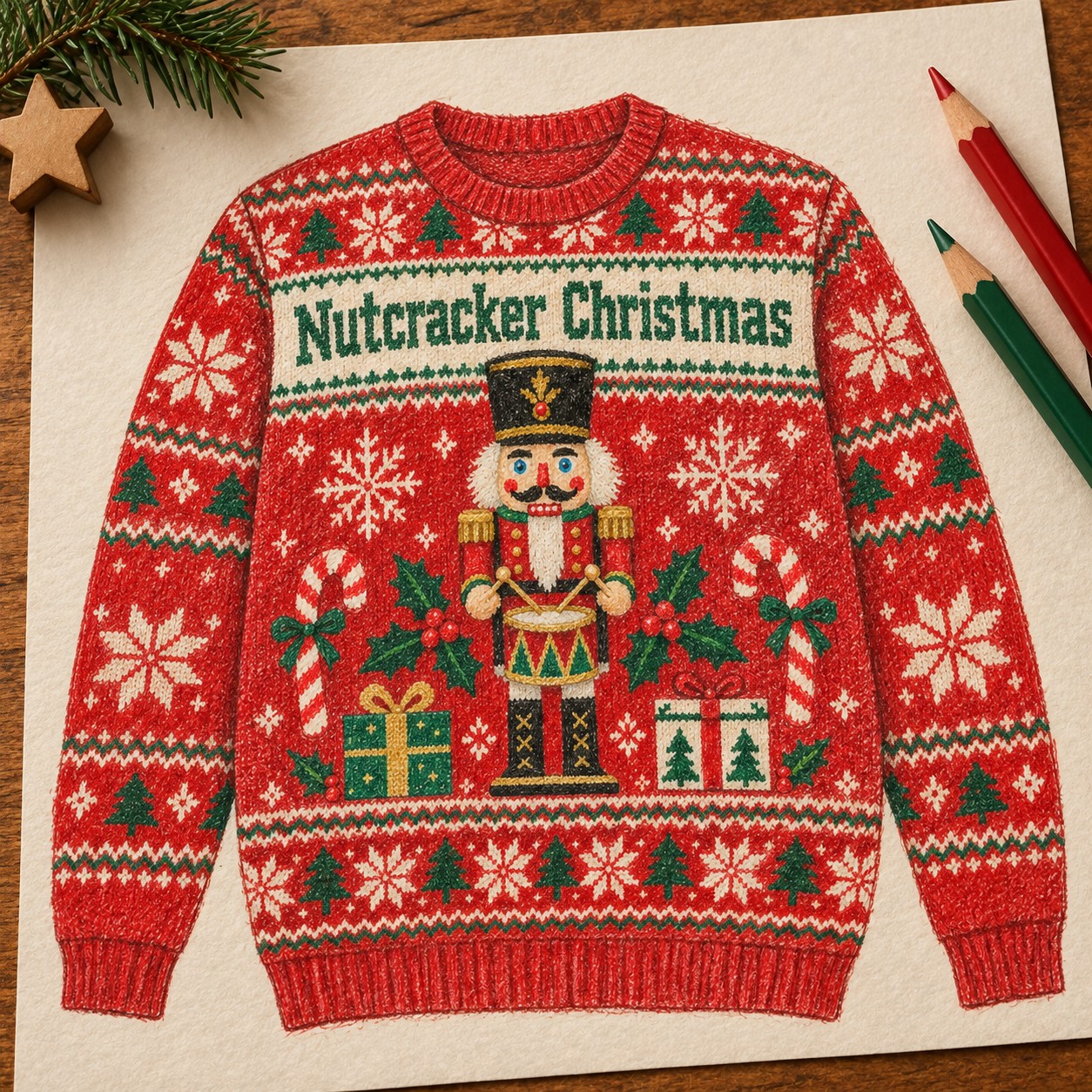 Illustrative pencil concept for the red Nutcracker Christmas sweatshirt