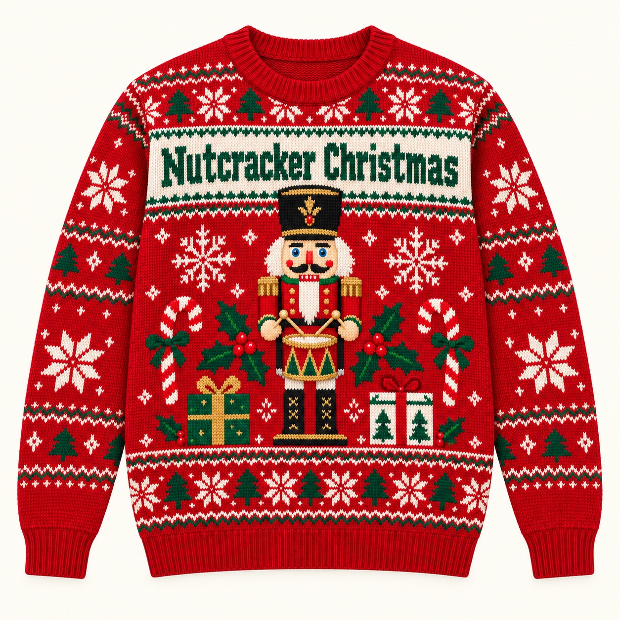 Illustrative front design approval mockup of the red Nutcracker Christmas sweatshirt