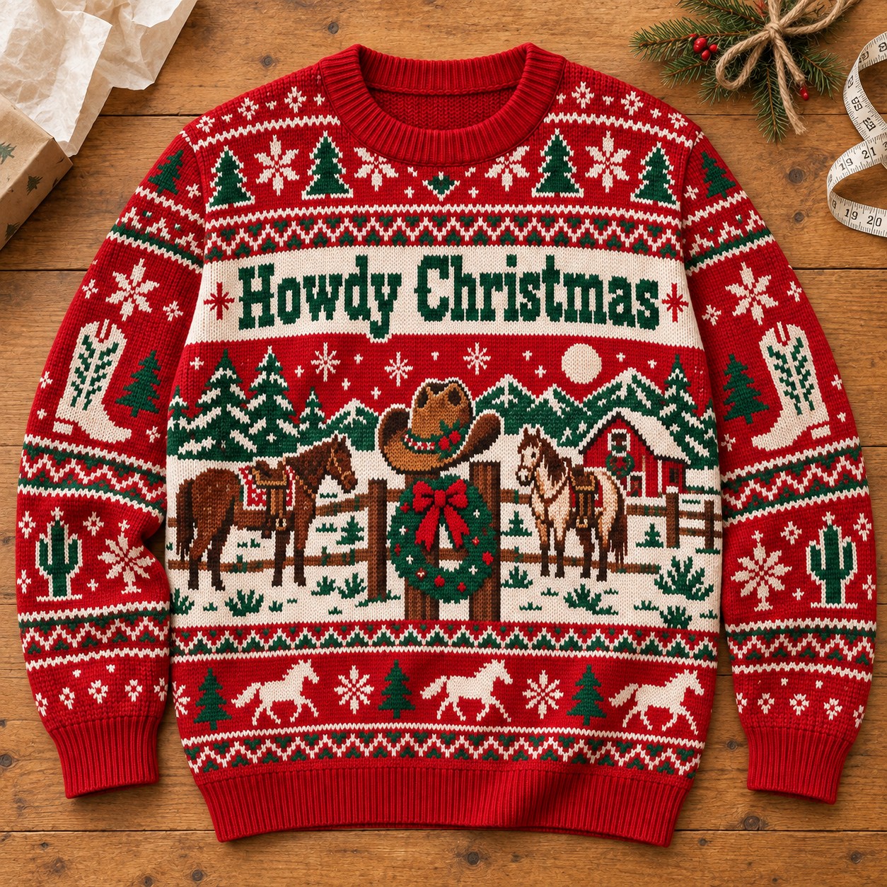 Illustrative finished Howdy Christmas sweatshirt on a festive wooden worktable