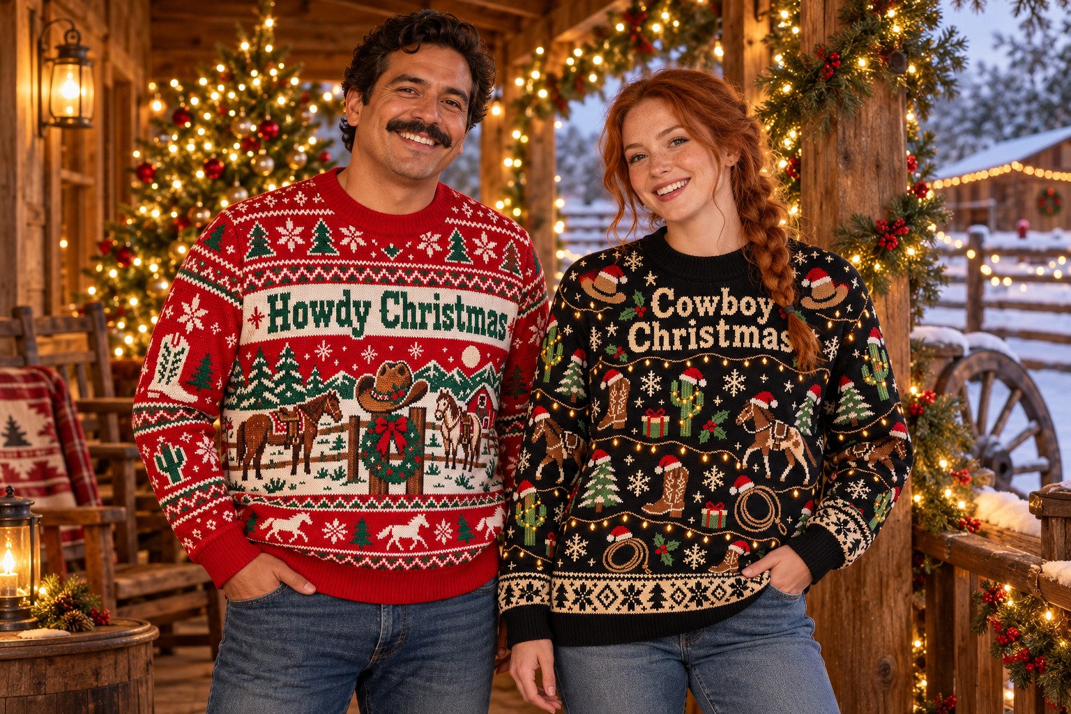 Two adult models wearing Howdy Christmas and Cowboy Christmas sweatshirts on a festive ranch porch