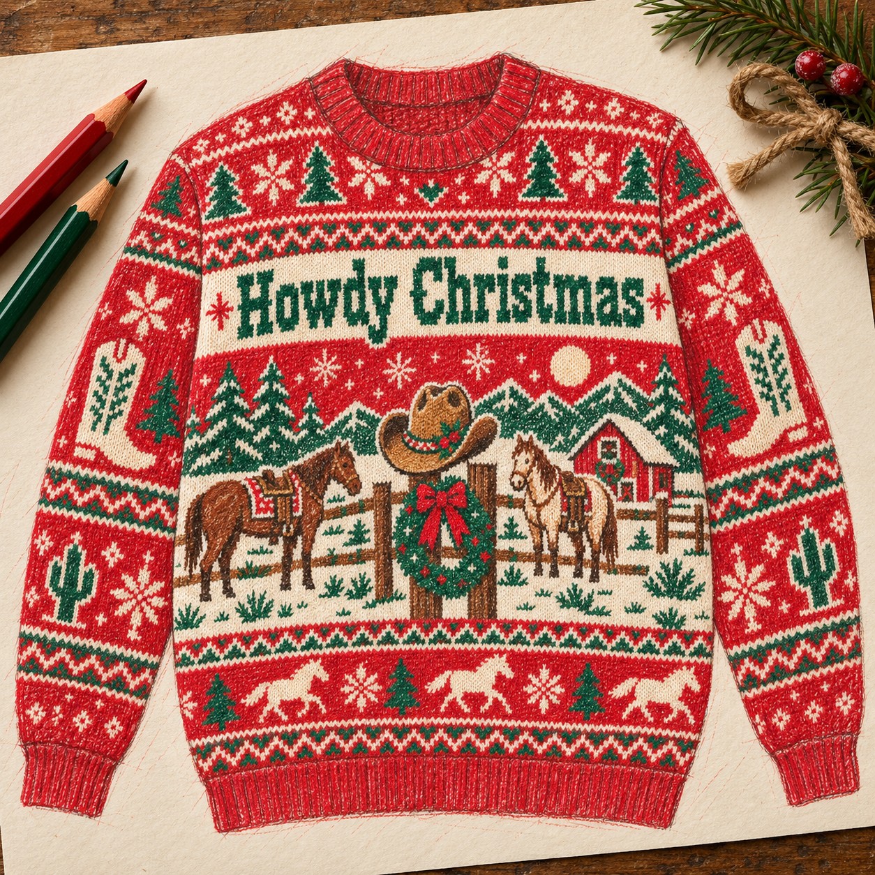 Illustrative colored-pencil concept for the Howdy Christmas ranch sweatshirt