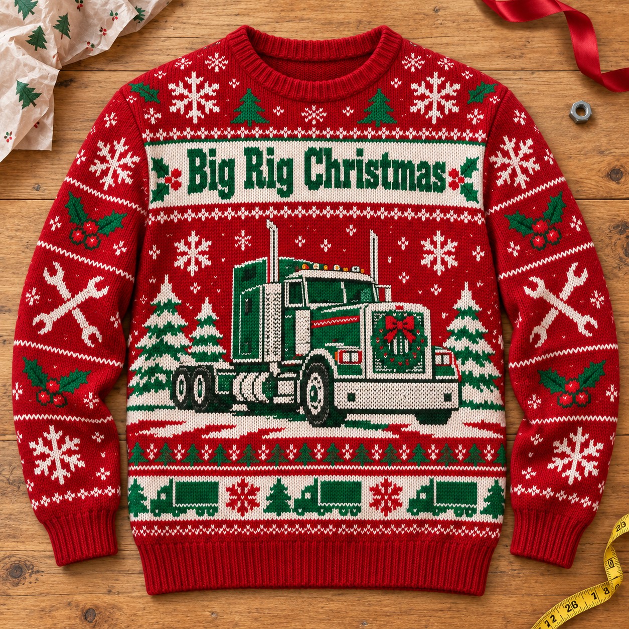 Illustrative finished Big Rig Christmas sweatshirt laid on a warm worktable