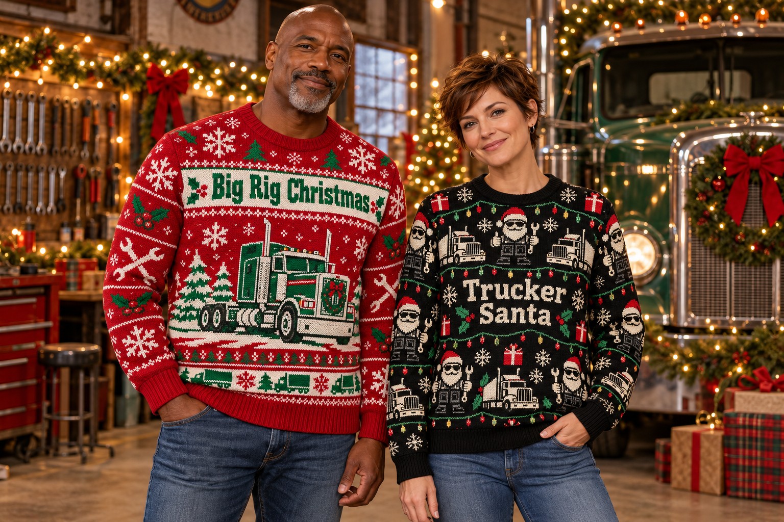 Two adult models in Big Rig Christmas and Trucker Santa sweatshirts at a Christmas-decorated garage