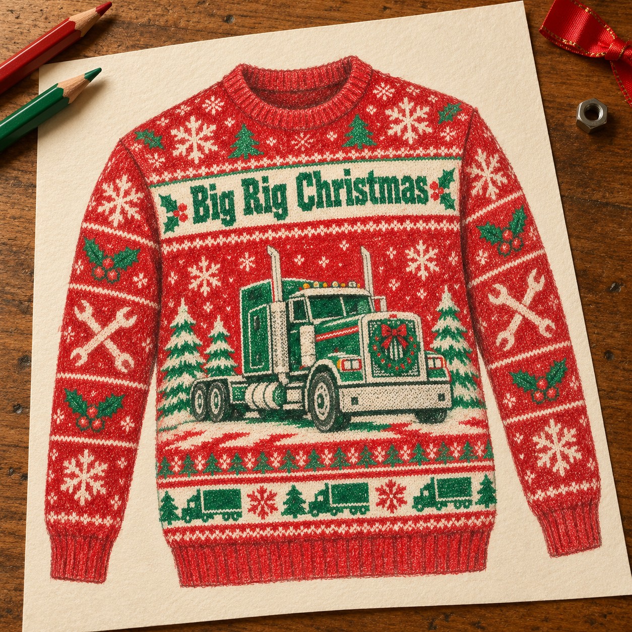 Illustrative pencil sketch of the Big Rig Christmas sweatshirt design