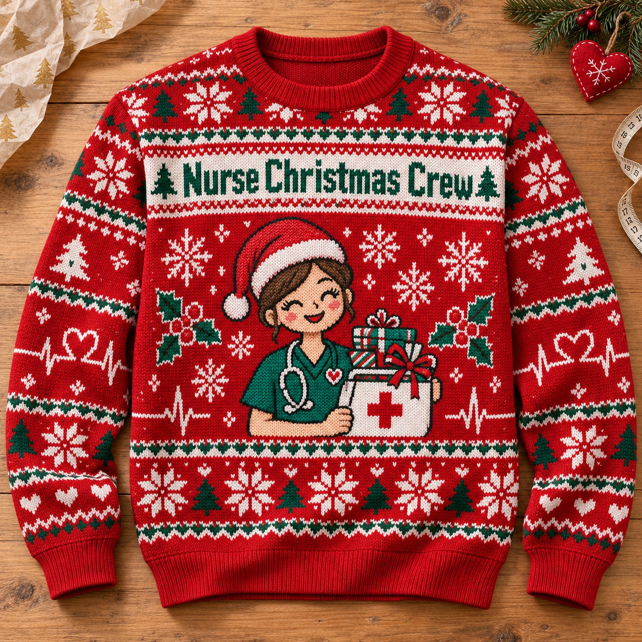Illustrative finished Nurse Christmas Crew sweatshirt on a light worktable