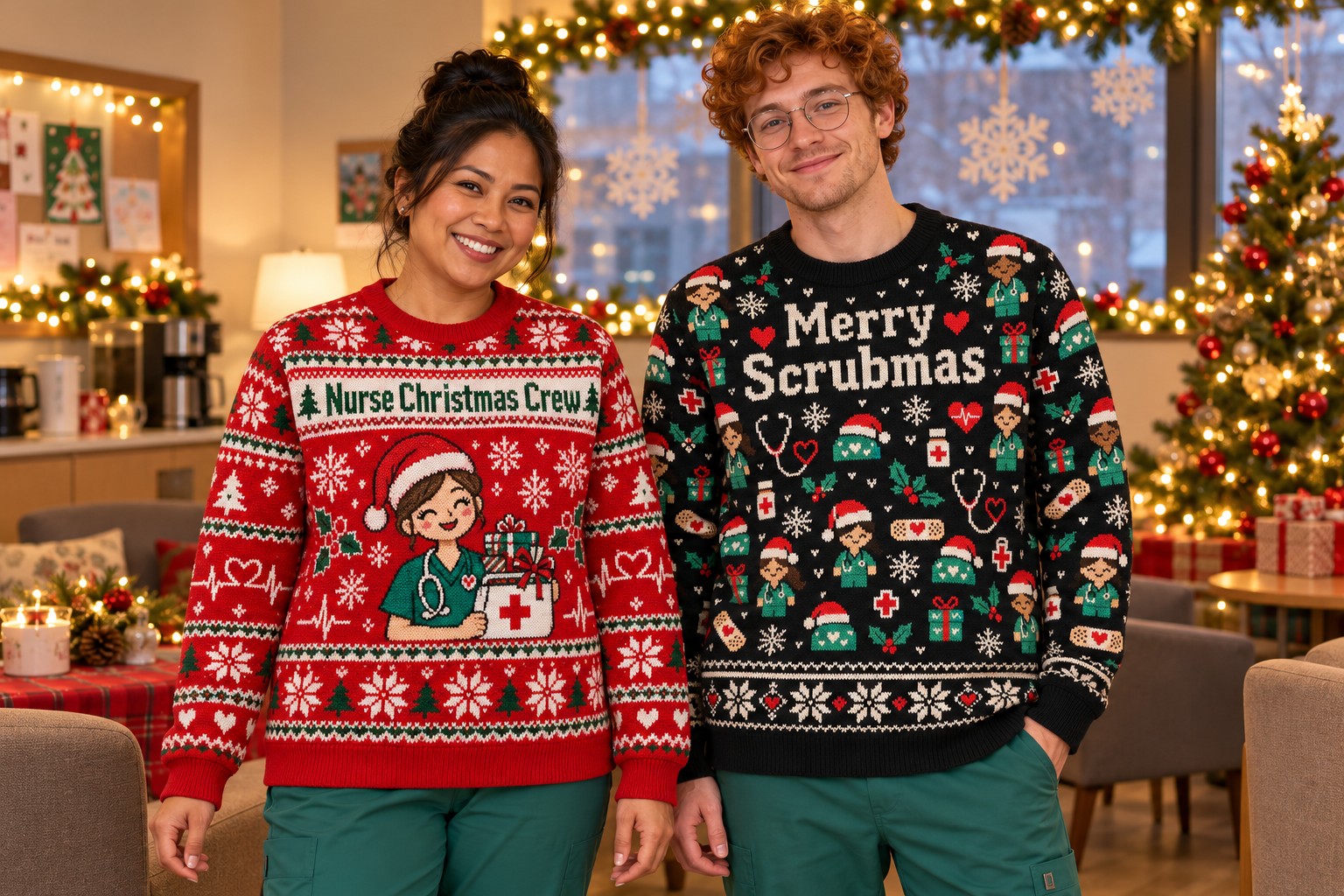 Two adult models in Nurse Christmas Crew and Merry Scrubmas sweatshirts in a decorated staff lounge