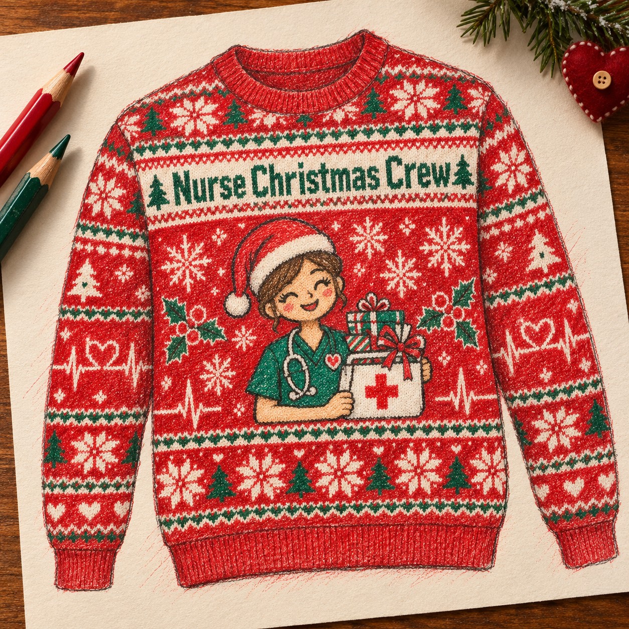 Illustrative colored-pencil concept for the Nurse Christmas Crew sweatshirt