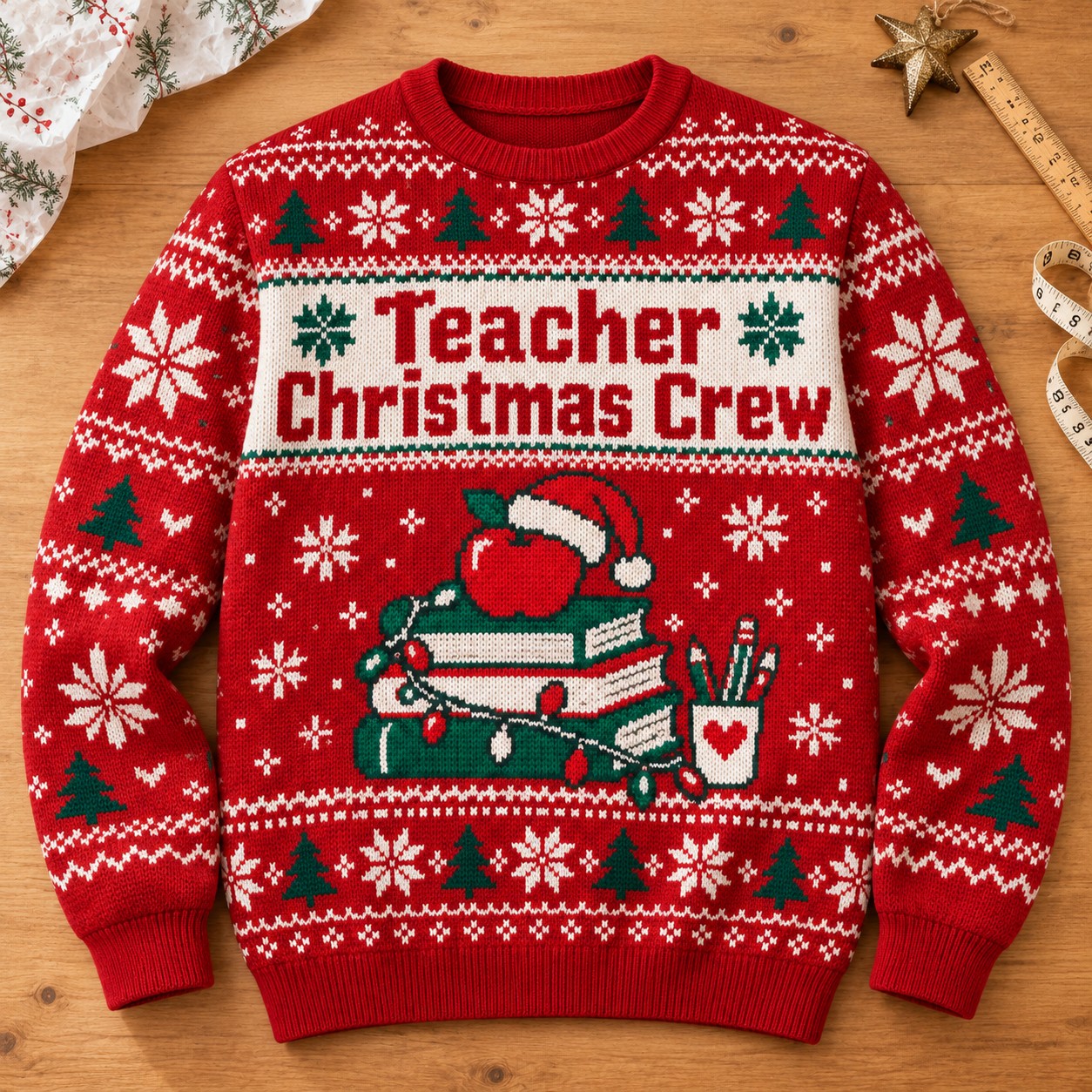 Illustrative finished Teacher Christmas Crew sweatshirt laid on a festive worktable