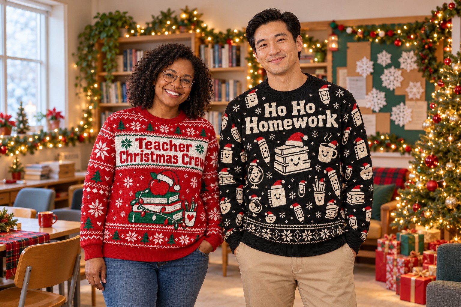 Two adult models in Teacher Christmas Crew and Ho Ho Homework sweatshirts in a decorated staff room