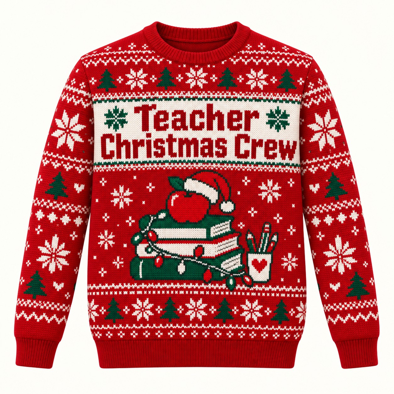 Illustrative front approval mockup of the Teacher Christmas Crew sweatshirt