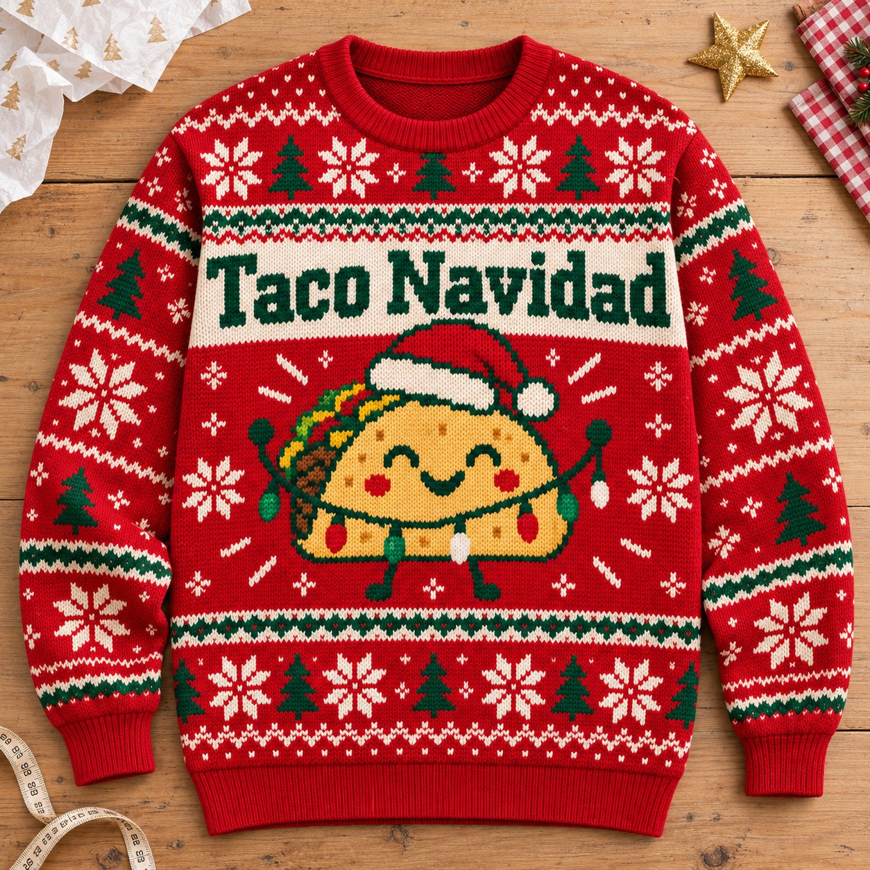 Illustrative finished Taco Navidad sweatshirt laid on a warm worktable