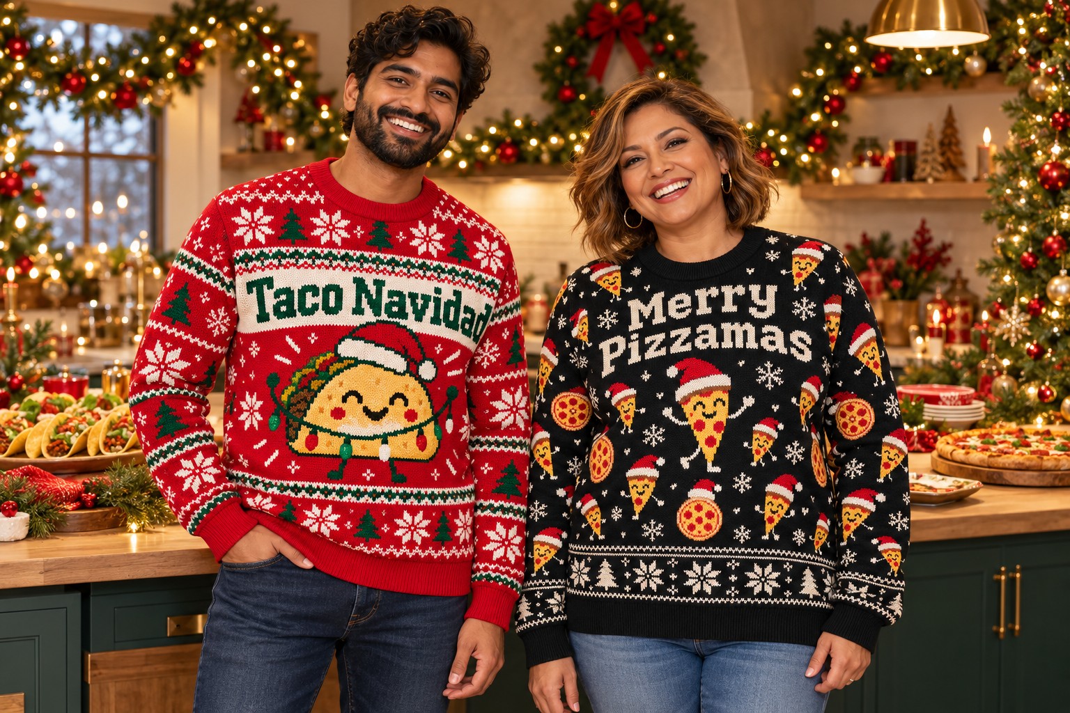 Two adult models wearing Taco Navidad and Merry Pizzamas Christmas sweatshirts in a festive kitchen