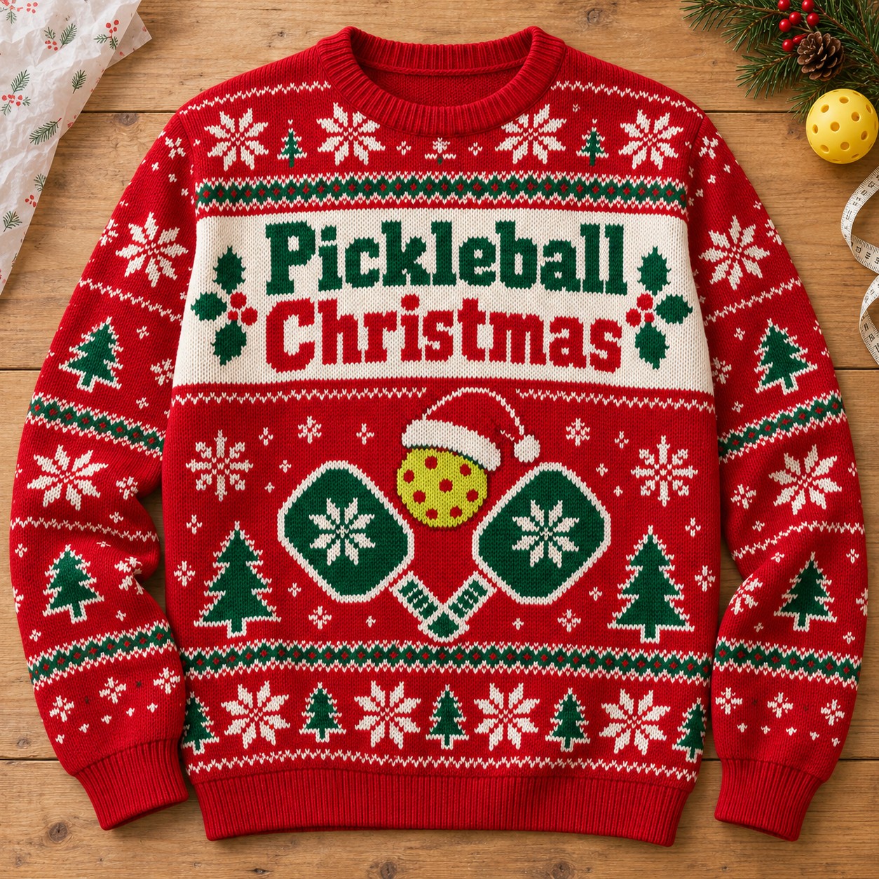 Illustrative finished Pickleball Christmas sweatshirt on a festive worktable