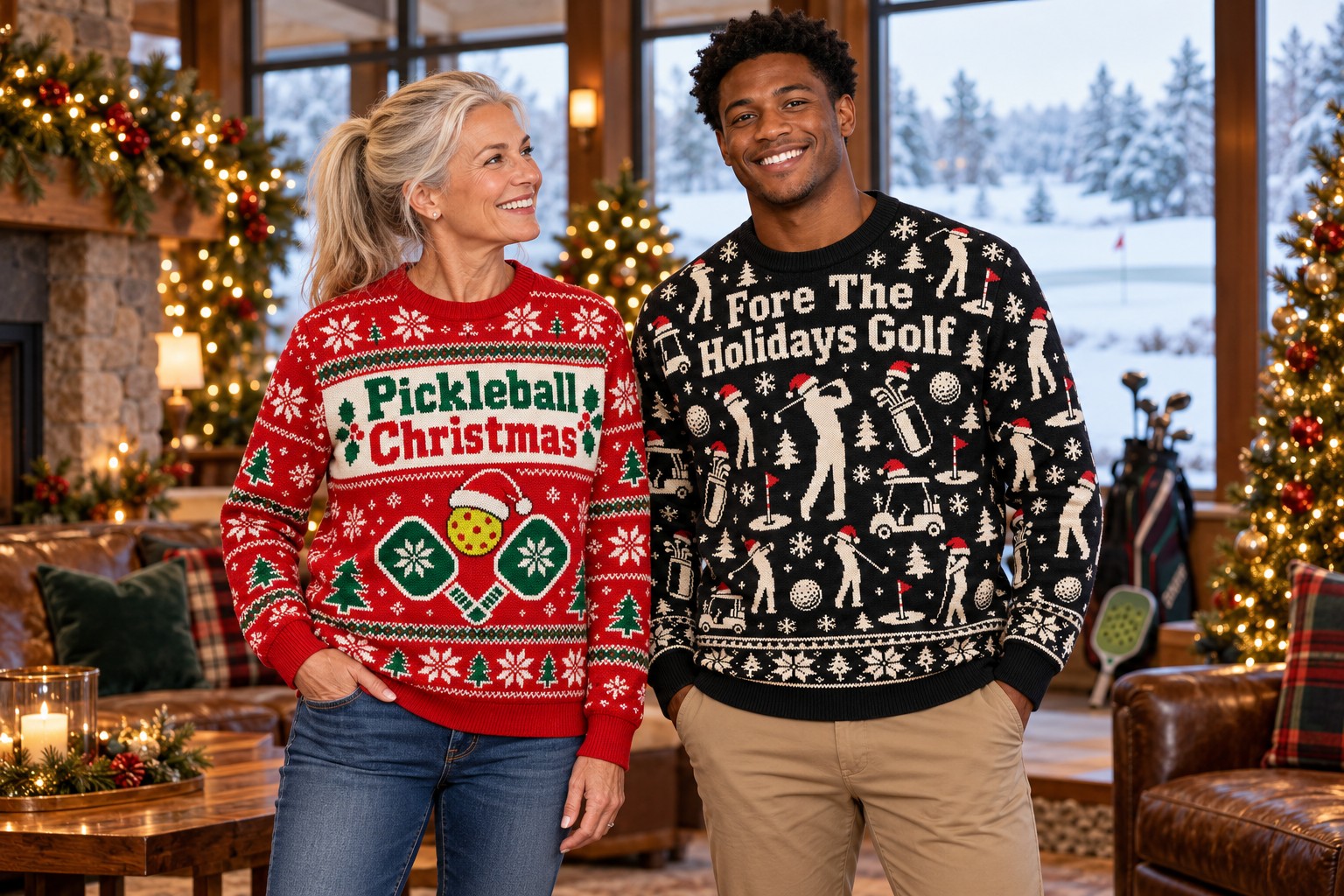 Two adult models wearing Pickleball Christmas and Fore The Holidays Golf sweatshirts in a festive clubhouse