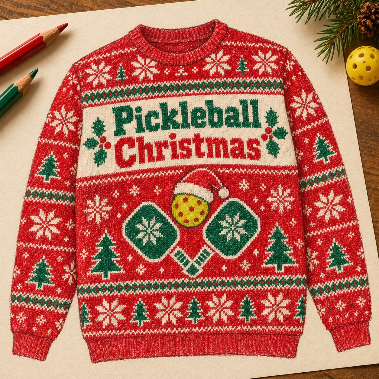 Illustrative pencil concept for the Pickleball Christmas sweatshirt