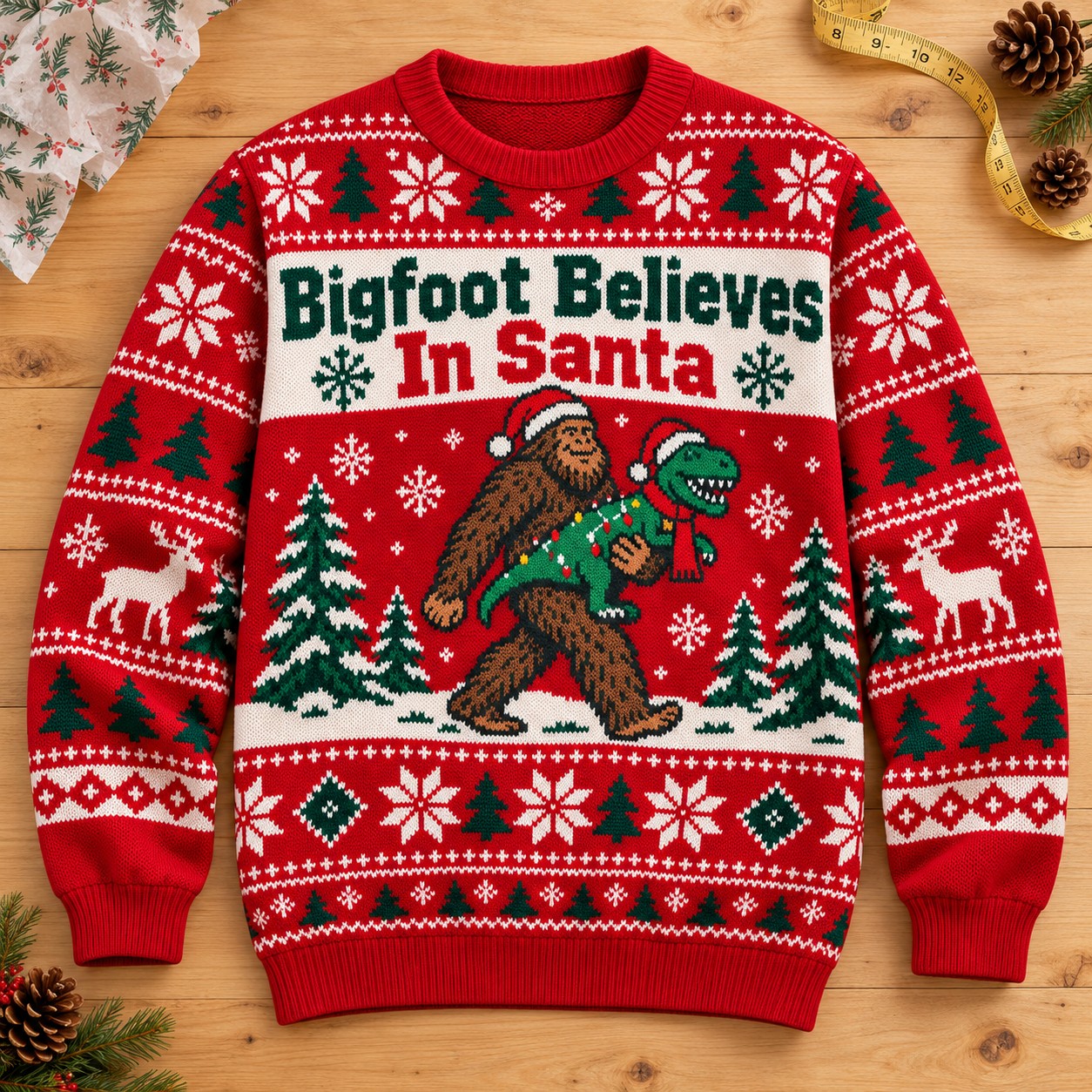 Illustrative finished Bigfoot Believes In Santa Christmas sweatshirt on a pale wooden worktable.